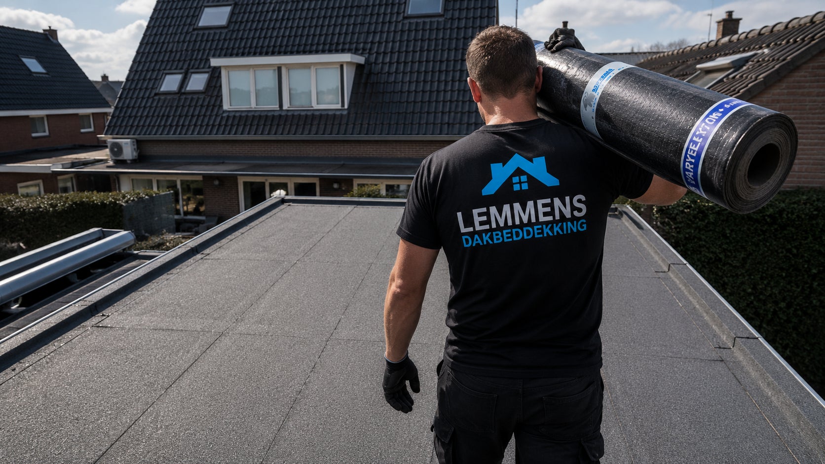 Dakdekker van Lemmens met rol bitumen op plat dak
